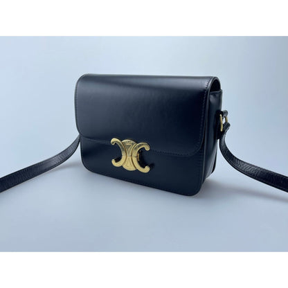 Celine Black Teen Triomphe Bag in Shiny Calfskin Leather with Gold Hardware