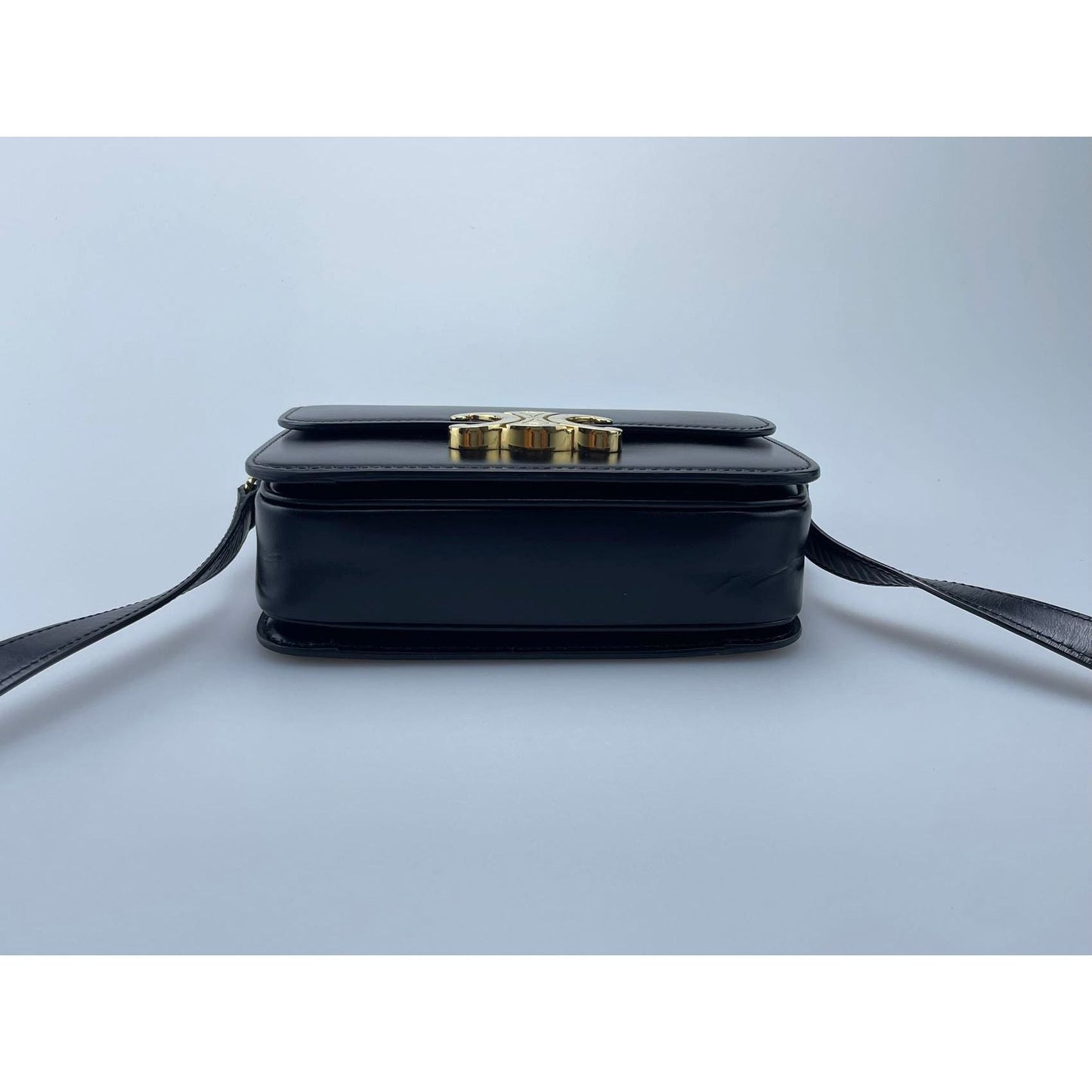 Celine Black Teen Triomphe Bag in Shiny Calfskin Leather with Gold Hardware