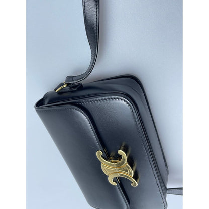 Celine Black Teen Triomphe Bag in Shiny Calfskin Leather with Gold Hardware