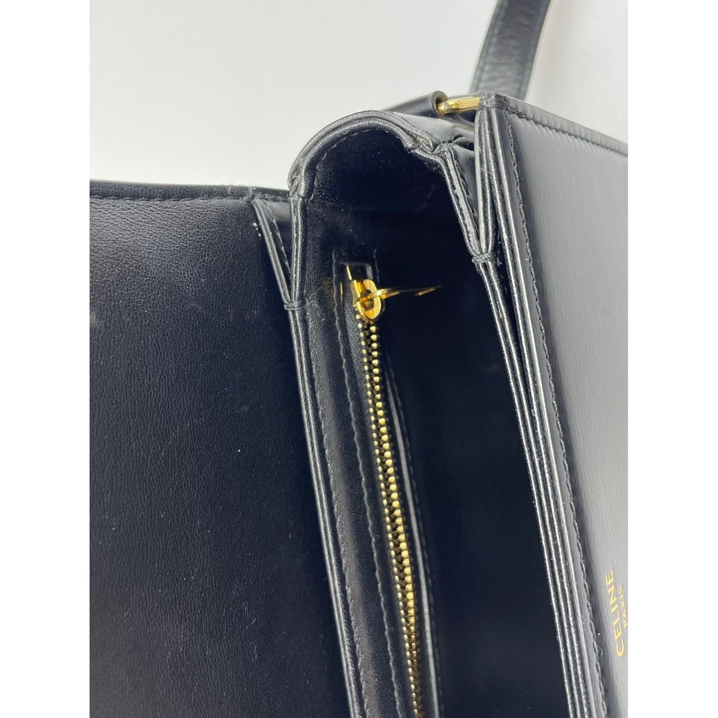 Celine Black Teen Triomphe Bag in Shiny Calfskin Leather with Gold Hardware